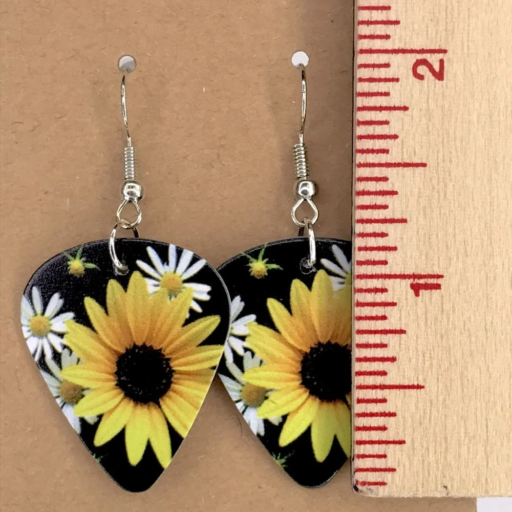 Sunflower Guitar Pick Custom Earrings Fashion Jewelry - Picture 2 of 4